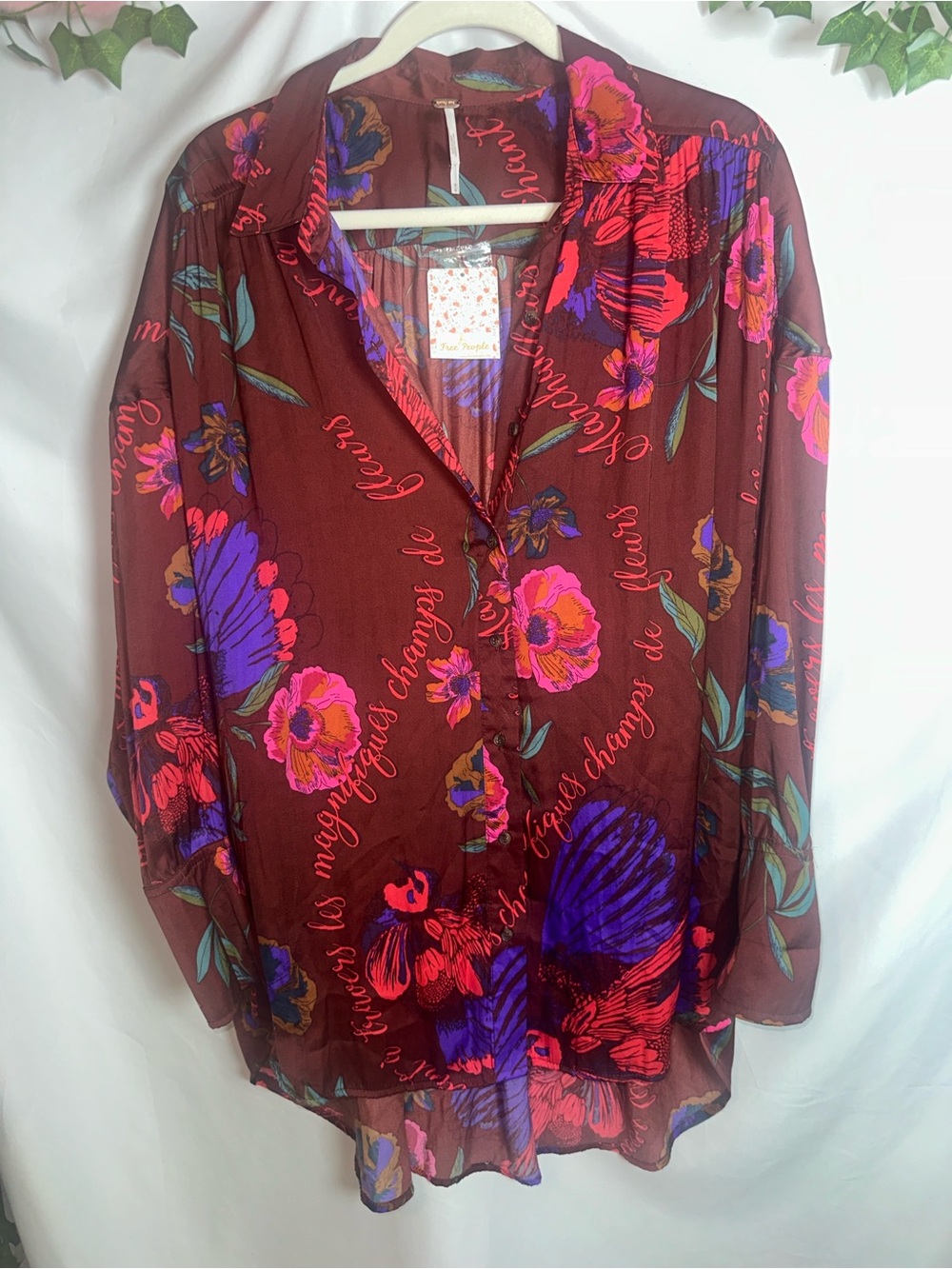 Free People Burgundy Button-Down with Pink & Purple Floral Print